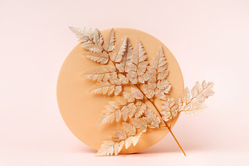 Wall Mural - leaf and circle to show cosmetic products. monochrome beige color background for branding and packag