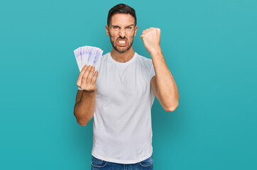 Sticker - Handsome man with beard holding 20 swedish krona banknotes annoyed and frustrated shouting with anger, yelling crazy with anger and hand raised