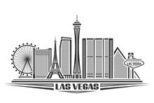 Vector Illustration Of Las Vegas, Monochrome Poster With Simple Design Buildings And Outline Landmarks, Urban Concept With Modern City Scape And Decorative Font For Words Las Vegas On White Background