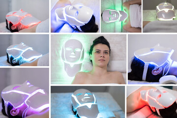 LED mask regenerative treatment applied to a young woman. Woman with led light therapy facial and neck beauty mask photon therapy