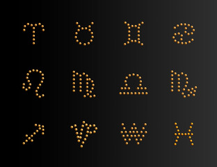 12 astrological signs / symbols of the zodiac. Icons with golden color on a black background