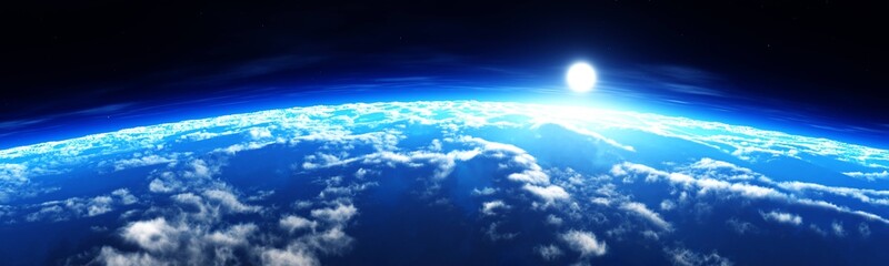 Wall Mural - Earth at sunrise from orbit, sun over Earth, clouds view from low orbit ,, 3d rendering