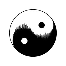 A Vector Concept Of Ecological Balance Between Humanity And Nature, City And Forest Harmony Metaphor As Yin Yang Negative Space Illustration