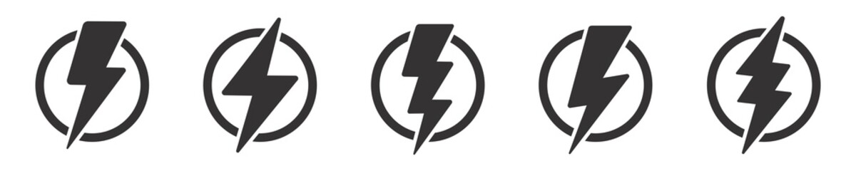lightning bolt icon set, thunderbolt in the circle, flash electric symbol, vector illustration