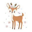 Cute deer with butterfly. Hello spring. Vector illustration.