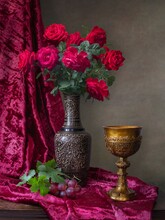 Still Life With Bouquet Of Red Garden Roses