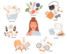Self-care Routine To Do Ideas. Includes Relaxing, Exercising, Eating Well, Health, Happiness, Motivation, Candles, Skin Care, And Shopping. Vector Illustration.
