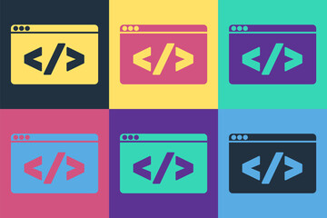 Pop art Web design and front end development icon isolated on color background. Vector