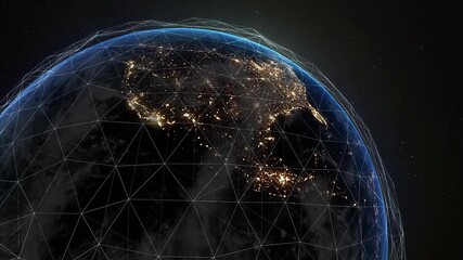 Wall Mural - Digital grid over the surface of the night planet earth. 
