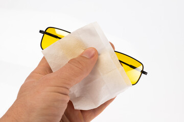 Canvas Print - clean sunglasses anti-glare yellow glasses with a cleaning cloth