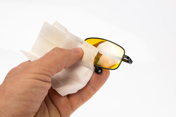 Canvas Print - clean sunglasses anti-glare yellow glasses with a cleaning cloth