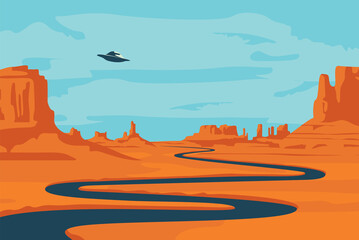 Wall Mural - Vector landscape with deserted valley, mountains, dark winding river and flying saucer in the sky. Decorative illustration on the theme of of alien invasion. Western scenery and UFO