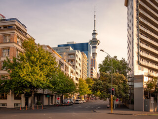 Auckland skyline with sunset in New Zealand.