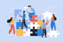 People Searching For Creative Solutions. Teamwork Business Concept. Modern Vector Illustration Of People Connecting Puzzle Elements