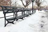 Fototapeta Most - Row of Empty Wood Benches at Astoria Park in Astoria Queens New York with Snow on the Ground during Winter