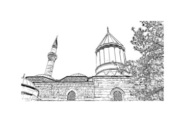 Building view with landmark of Konya is a city south of Ankara in Turkey. Hand drawn sketch illustration in vector.