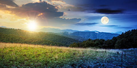 Wall Mural - day and night time change concept above summer mountain landscape. beautiful scenery with sun and mo