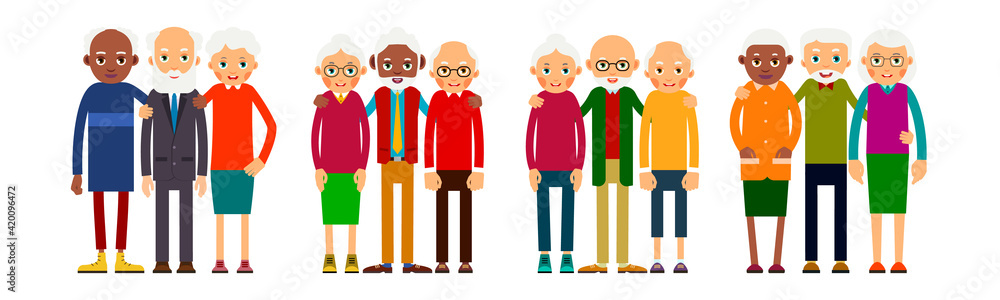 Old people in groups of three standing in row. Elderly men and women europeans and african american ethnic friends. Senior stand and hug each other. Set happy seniors. Illustration isolated - obrazy, fototapety, plakaty 