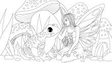 Vector Illustration, A Beautiful Fairy Stroking A Frog In A Meadow Of Flowers With Mushrooms