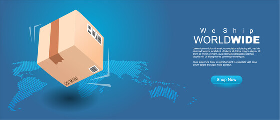 Wall Mural - we ship world wide banner. 3d style shipping package in front of map, clean modern style vector illustration