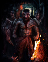 A Man With A Slit Throat Stands In A Threatening Pose. Pale People Stand Nearby. One Holds A Knife In His Hand, The Other A Cross. A Torch Shines On Them. On The Background A Tower .2d Illustration
