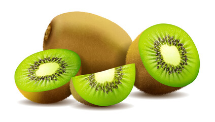 Wall Mural - kiwi fruit. whole and pieces. sweet fruit. 3d vector icons set. realistic illustration
