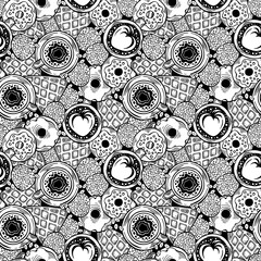 Hand-drawn coffee seamless pattern with cappuccino, donuts, waffles, cookies, nuts. Black and white detailed. Cute drink wallpaper. Vector illustration