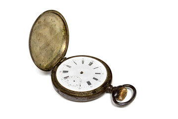 Old broken pocket watch isolated on white background.