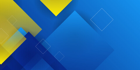 Wall Mural - Modern geometric abstract background. Bright yellow banner with blue stripes stripes, textured background. Business template. Geometric yellow background with square pattern