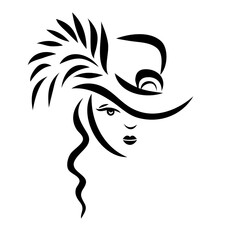 Wall Mural - Drawing black sketch of a beautiful young girl in a musketeer hat with a feather. Illustration about female beauty.