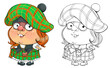 Vector cartoon for coloring. Funny illustration of a pretty Scottish woman in national costume.