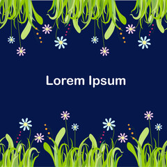 Green grass red berries blue pink flowers on dark blue nature art design elements stock vector illustration Lorem Ipsum for web, for print
