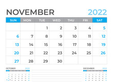 November 2022 Page, Calendar 2022 Template, Desk Calendar, Planner Design, Wall Calendar, Week Starts On Sunday, Stationery Design, Desk Office, Organizer Office, Vector 