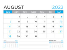 August 2022 Page, Calendar 2022 Template, Desk Calendar, Planner Design, Wall Calendar, Week Starts On Sunday, Stationery Design, Desk Office, Organizer Office, Vector 