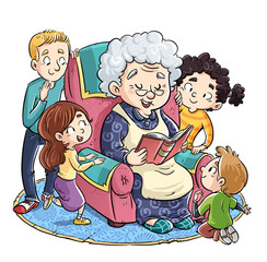 Wall Mural - Grandmother reading a book to children