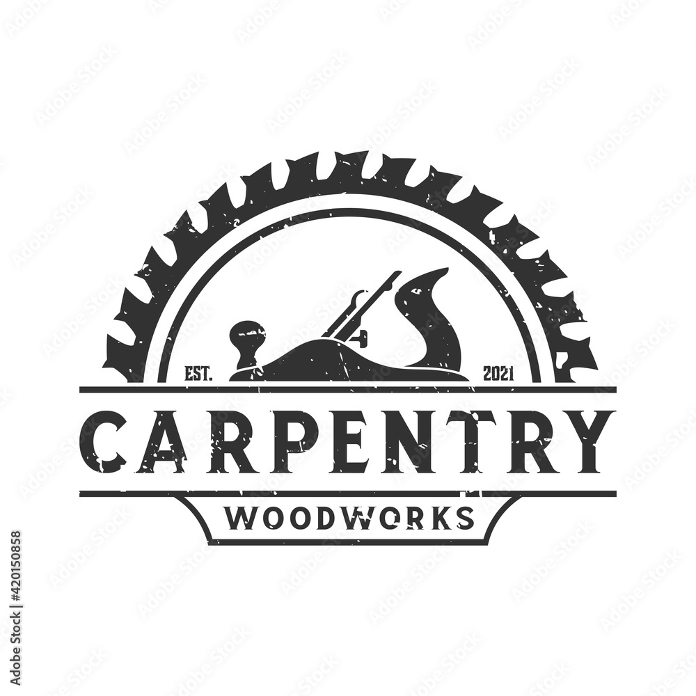retro vintage, jack plane carpentry woodwork logo. design template, vector illustration. - obrazy, fototapety, plakaty 