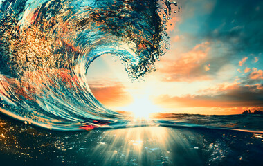 Wall Mural - ocean wave sunset sea surfing background