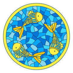 Underwater mosaic background. Hand-drawn contour illustrations of stained glass windows. Marine vector motif . Doodle fish round mosaic backdrop