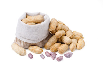 Boiled fresh organic beans or peanut with peel on white background.