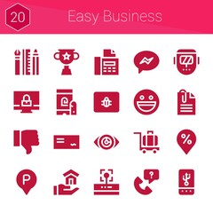 Sticker - easy business icon set. 20 filled icons on theme easy business. collection of Placeholder, Call, Trophy, Paperclip, Fingerprint, Welder, Parking, Luggage, House, Messenger