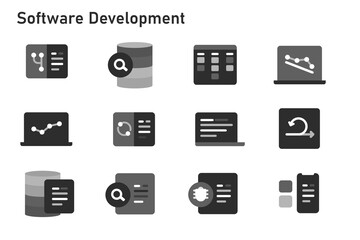 agile methodology software development icon set collection of code programming using sprint kanban board and burn down chart black version