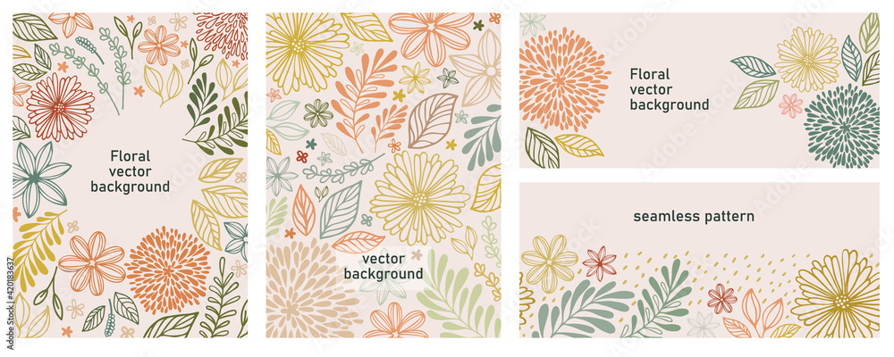 Set of universal hand drawn floral template for cover. Home decor, backgrounds, cards. Children abstract and floral design in doodle style. Vector illustration and seamless pattern - obrazy, fototapety, plakaty 