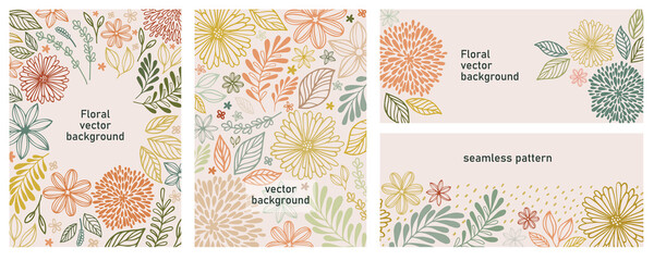 set of universal hand drawn floral template for cover. home decor, backgrounds, cards. children abst