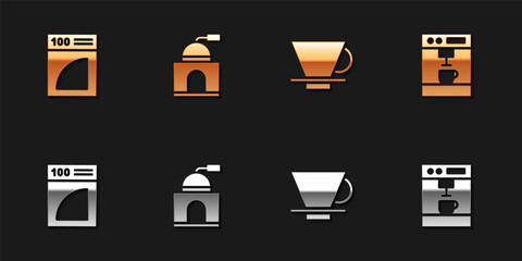 Sticker - Set Coffee paper filter, Manual coffee grinder, V60 maker and machine icon. Vector