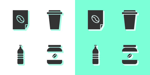 Set Coffee jar bottle, poster, Bottle water and cup to go icon. Vector