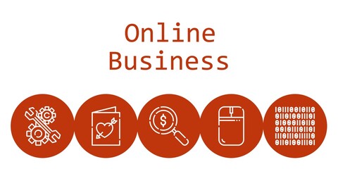 online business background concept with online business icons. Icons related loupe, mouse, development, binary code, wedding invitation