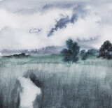 Fototapeta Las - watercolor nature and landscape with tree and sky. storm weather 