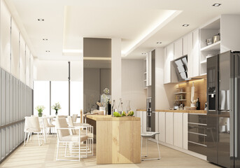 White modern contemporary kitchen with Kitchen equipment and island counter on wooden floor. 3d rendering