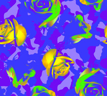 Fashionable Camouflage Violet And Pink Pattern With Yellow Roses With Green Leaves