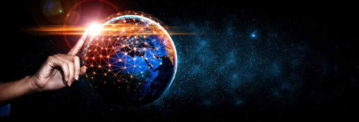 Global network connection covering earth with link of innovative perception . Concept of international trading and digital investment, 5G global wireless connection and future of internet of things .